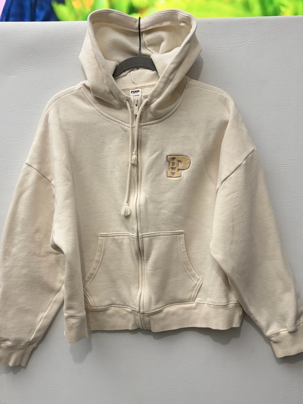 PINK Victoria's Secret Cream Varsity Zip Hoodie Large